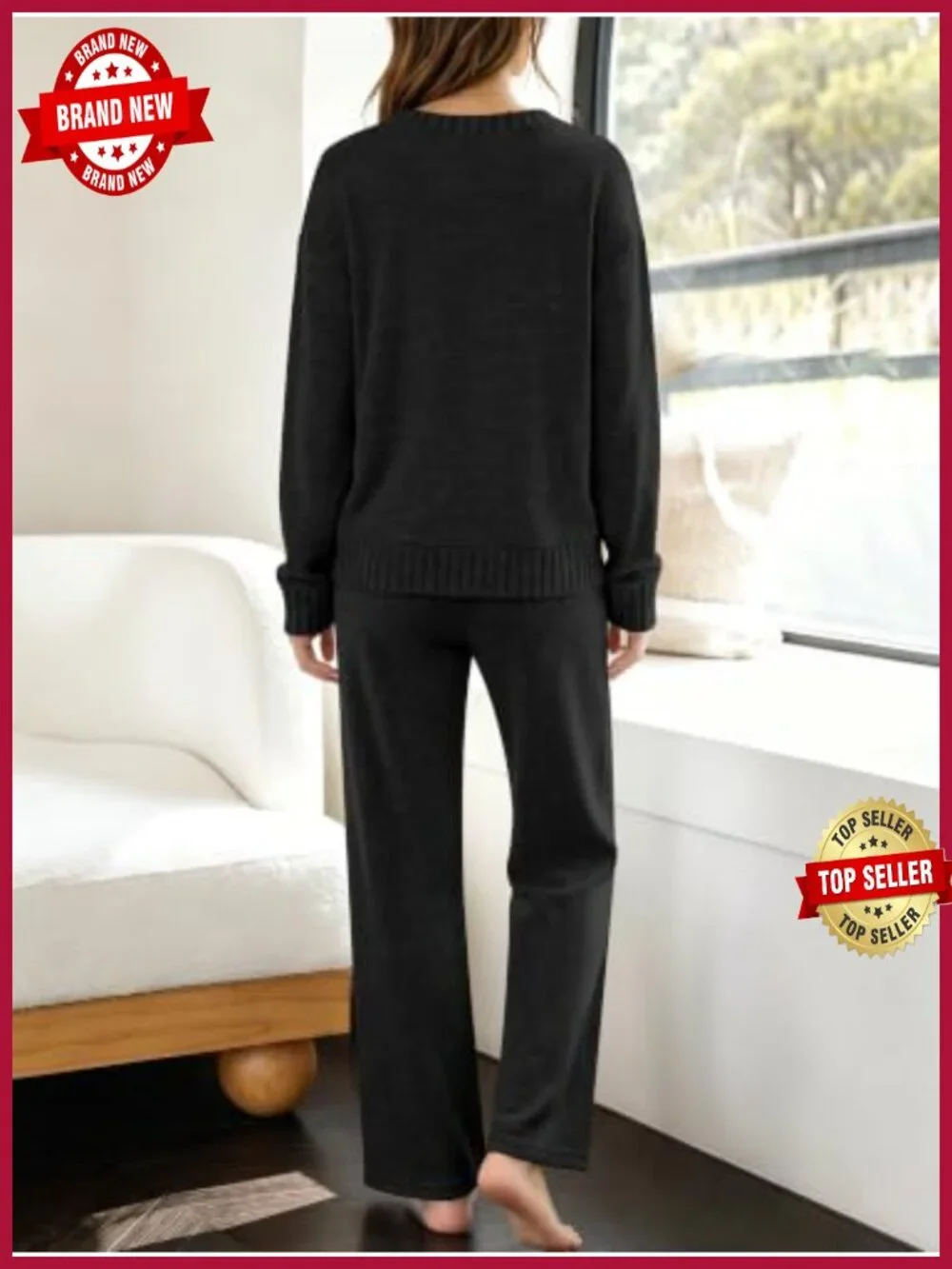 Women's Cozy Knit Pajama Set - Long Sleeve V-Neck Top & Wide Leg Pants